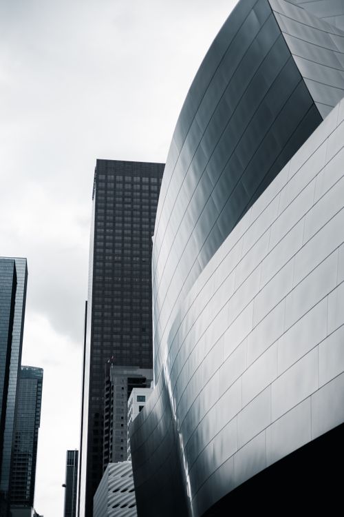 Free Striking view of the Walt Disney Concert Hall's modern metallic facade in downtown Los Angeles. Stock Photo