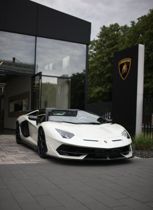 White Lamborghini in Front of a Car Dealership 