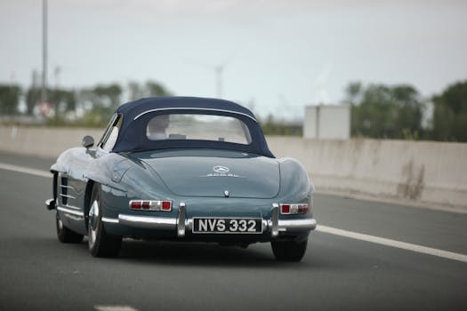 Classic Mercedes-Benz 300SL convertible driving on an open road under clear skies.