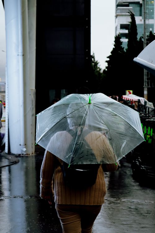 Free A woman walks in the city holding a transparent umbrella on a rainy day. Stock Photo