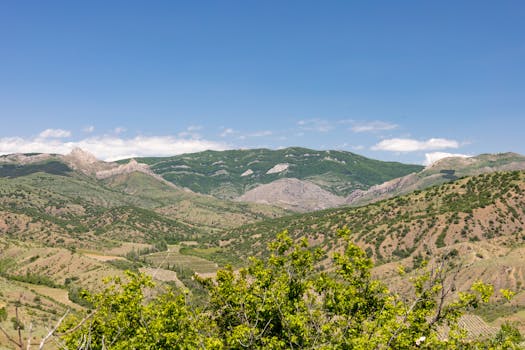 A wide-angle view of a lush green mountainous terrain under a clear blue sky.