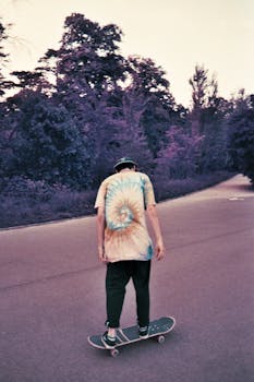 A teenage boy skateboards on a calm park path during the day.