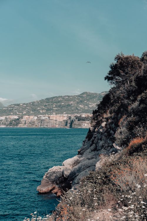 Free Scenic coastal view of Sorrento, Italy with blue sea and rocky cliffs under a clear sky. Stock Photo