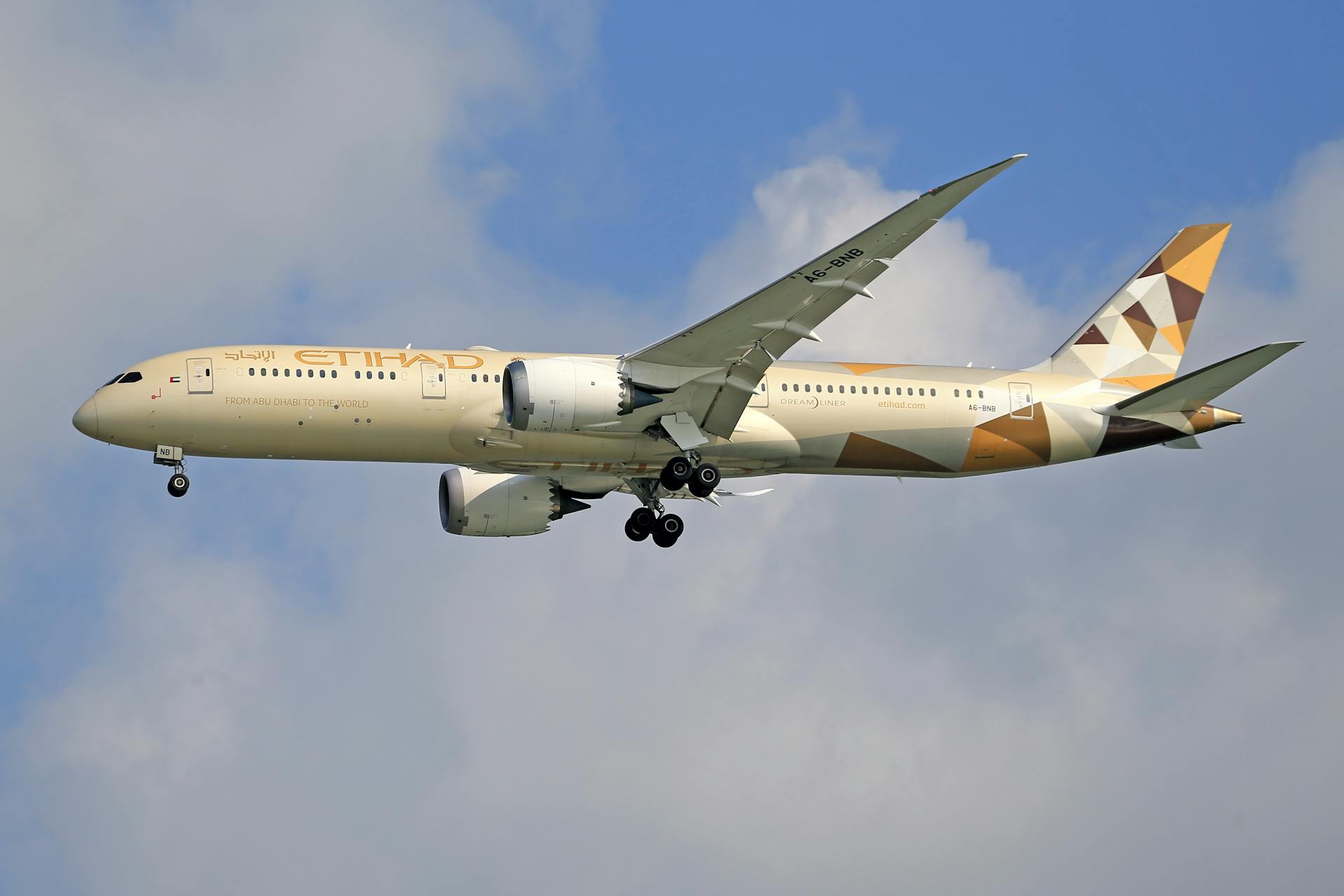 Etihad Airways Boeing 787 flying against a blue sky, showcasing aerodynamic design.