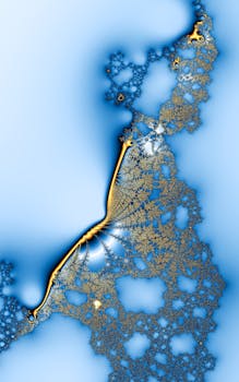 Stunning blue and gold fractal art with intricate details in a vertical layout.