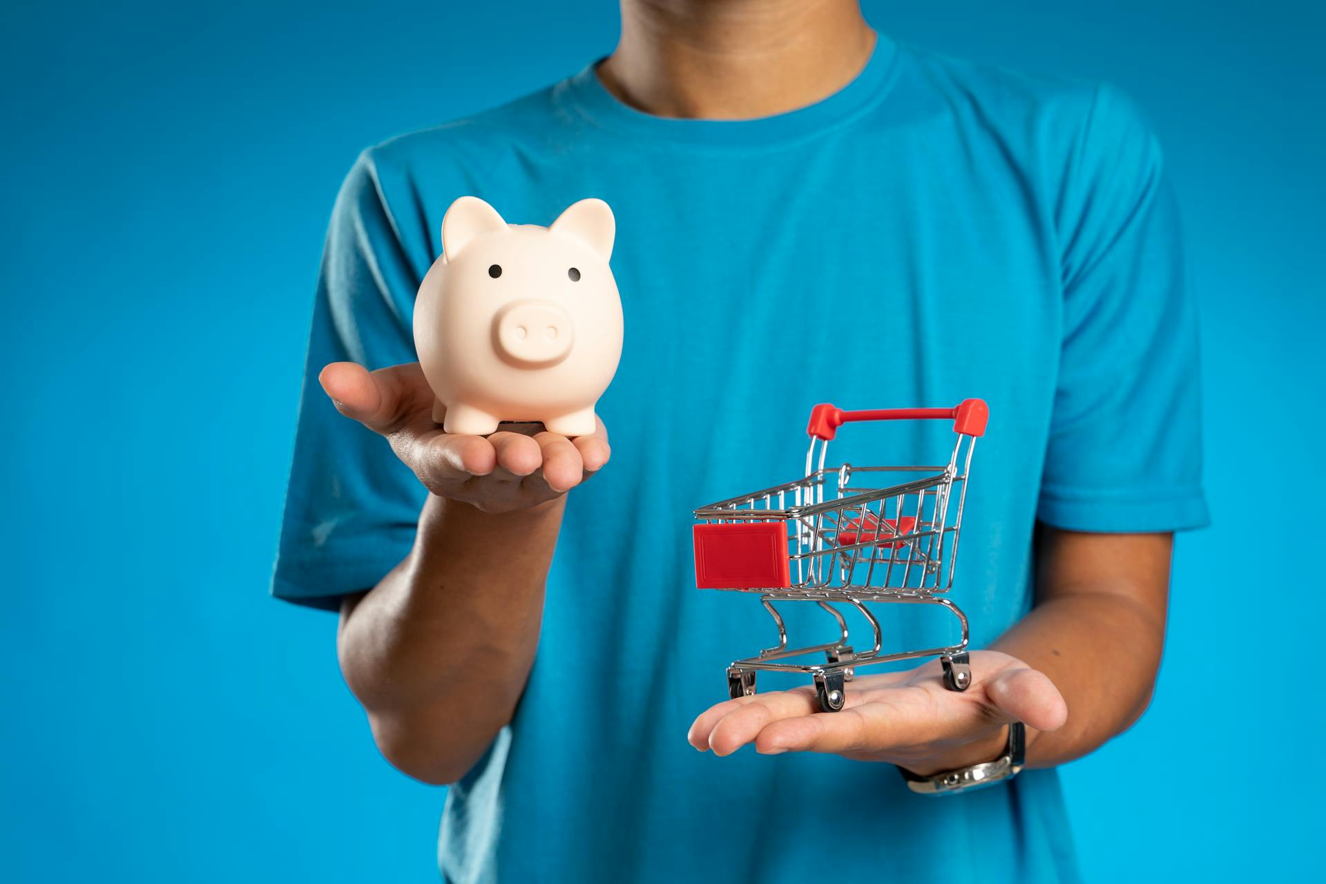 Man Holding a Piggy Bank and a Mini Shopping Cart