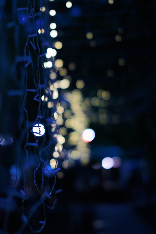 Free Dreamy bokeh effect of blue and yellow fairy lights glowing in the night. Stock Photo