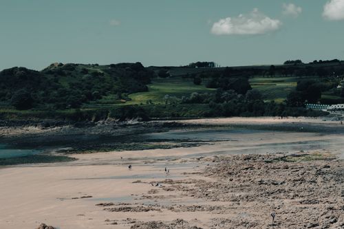 Free A serene beach landscape with grassy hills and clear blue skies. Stock Photo