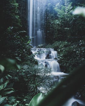 Beautiful waterfall cascading through lush greenery in Singapore's tropical forest.
