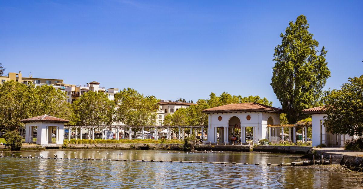 Peaceful lakeside scene with blue sky and lush greenery, ideal for nature enthusiasts.