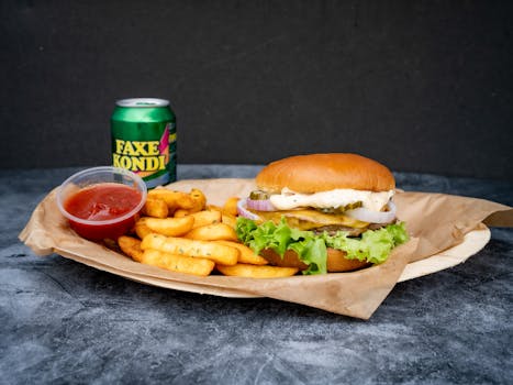 Close-up of a tasty burger and fries meal with Faxe Kondi drink, perfect for food lovers.