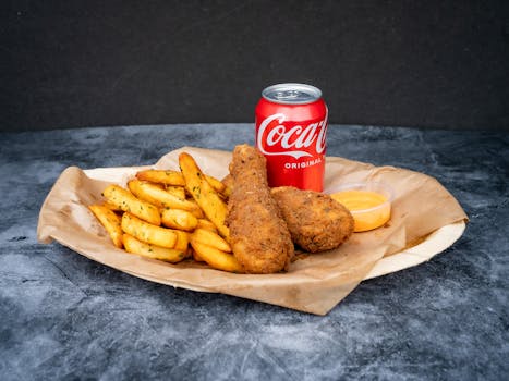 Close-up of crispy fried chicken, fries, and a can of soda on a tray.