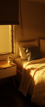 A cozy bedroom corner bathed in warm sunlight with a bedside table.