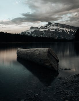 Tranquil evening view of a lake in front of the Canadian Rockies with a log in the foreground.