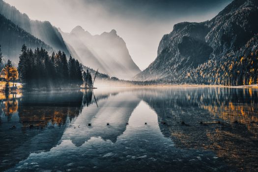 Serene view of a mountain lake with forest and reflections at dawn, creating a scenic and peaceful landscape.