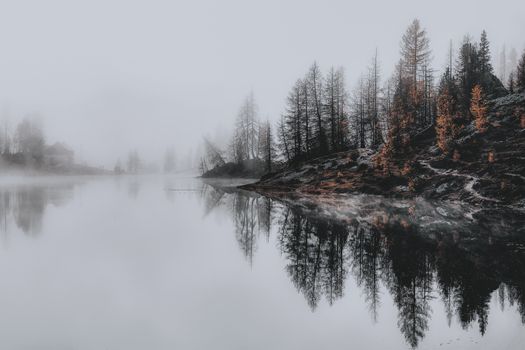 Misty landscape of a serene lake surrounded by fog and autumn trees in the Dolomites.