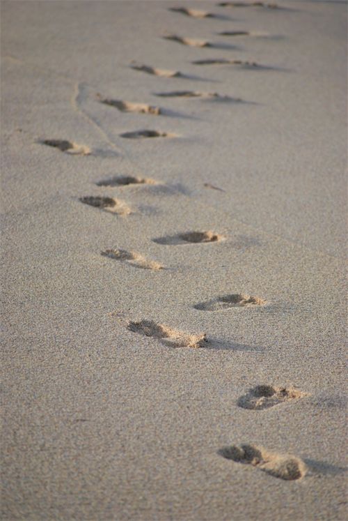 Free Beach footprints leading into the distance, showcasing serene coastal scenery in Bali. Stock Photo
