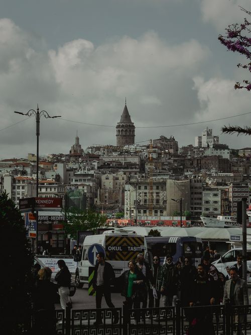 Free Crowded urban street in Istanbul with a view of the historic Galata Tower. Stock Photo