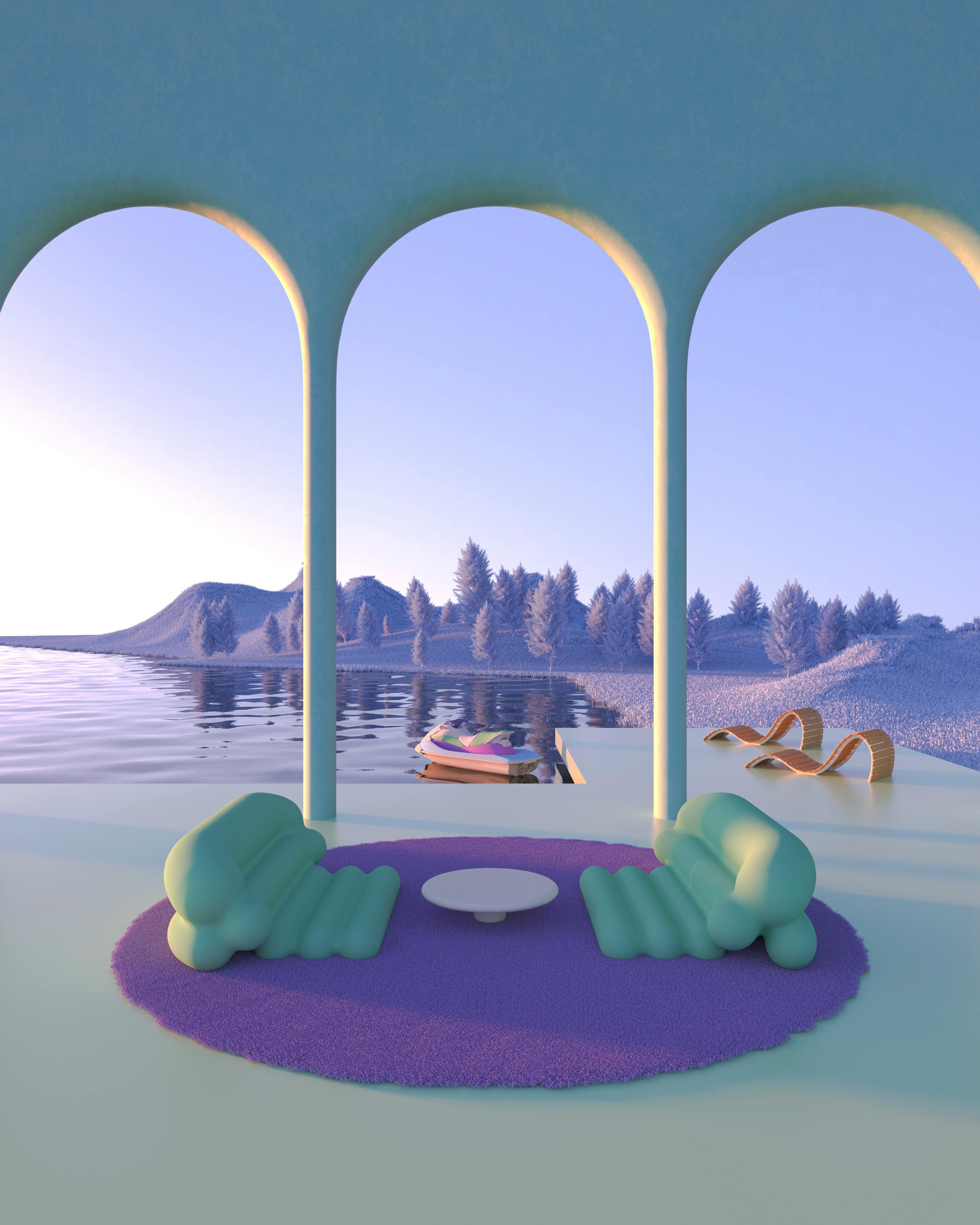 A tranquil lakeside view from a modern pastel-themed lounge with abstract seating.