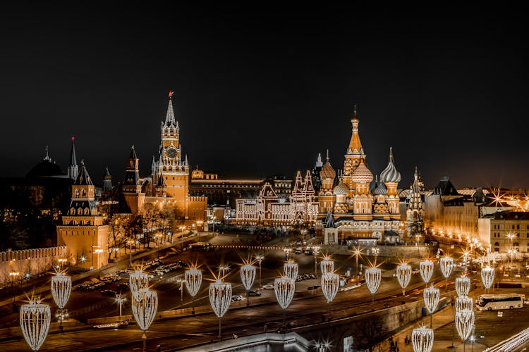 Moscow At Night With The View On Saint Basils Cathedral