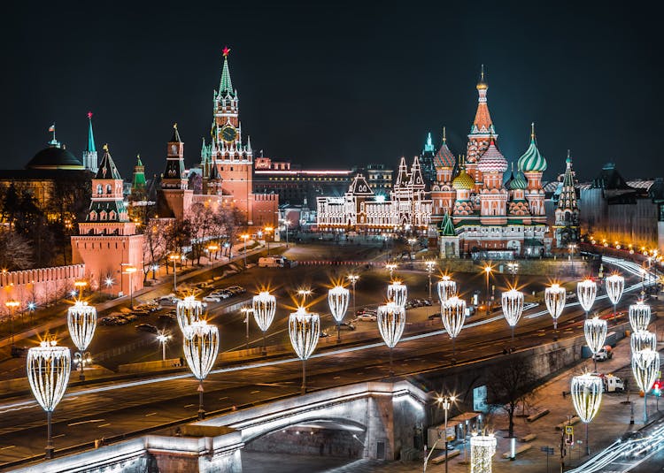 Moscow At Night With The View On Saint Basils Cathedral