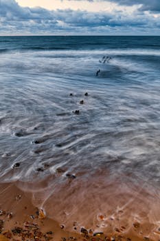 Long exposure of ocean waves crashing on Svetlogorsk beach, Kaliningrad, Russia.