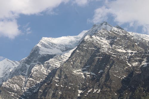 An Aerial Photography of a Snow Covered Mountain Under the Blue Sky and White Clouds