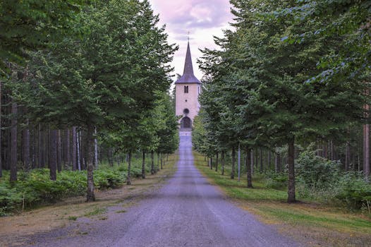 一条绿树成荫的宁静乡村道路，通向一座风景如画的教堂，构成了一幅优美的景观