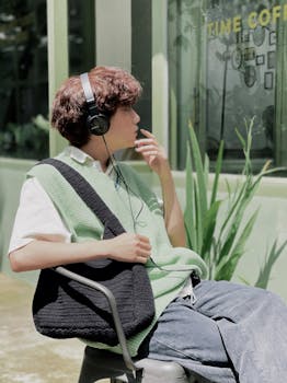 A young individual enjoys music outdoors, dressed in casual wear.