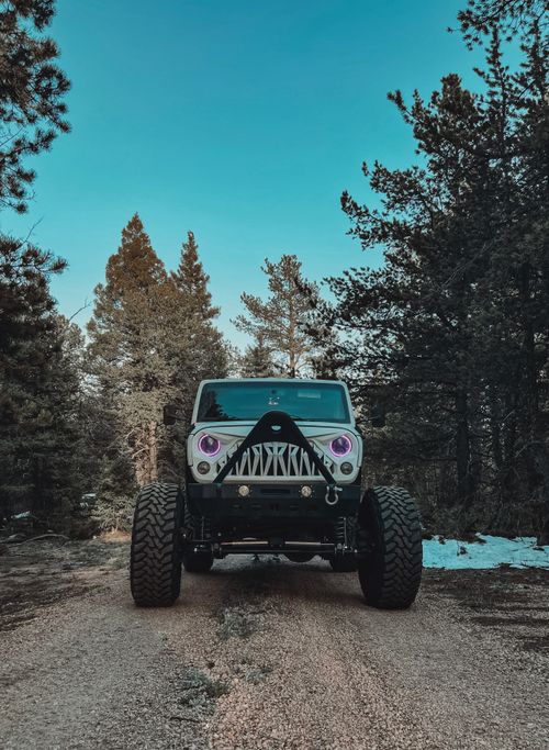 Free A rugged Jeep with custom headlights on a forest trail in Colorado Springs. Stock Photo