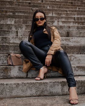 Fashionable woman in sunglasses and leather pants sitting on urban steps, showcasing elegant style.