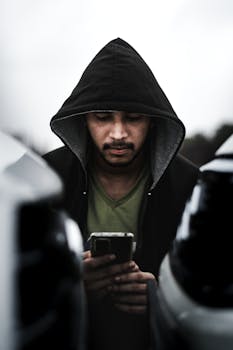 A man in a hoodie intently using a cellphone between parked cars.