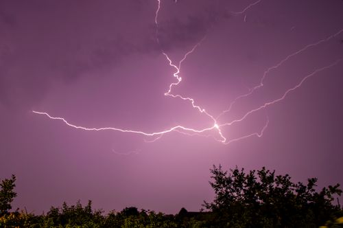Free Captivating image of a lightning strike illuminating a cloudy night sky above silhouettes of trees. Stock Photo
