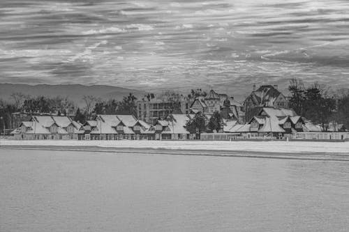 Monochrome Photo of a Residential Area during Winter 