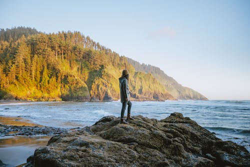 Free Woman in Gray Long Sleeve Shirt Standing on Rock Near Body of Water Stock Photo