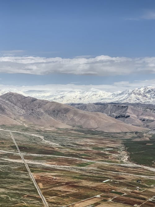 An Aerial Photography of a Snow Covered Mountain Under the Blue Sky and White Clouds