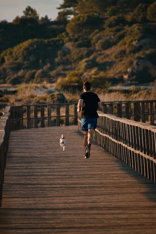Free A Man in Black Shirt Jogging with His Dog Stock Photo