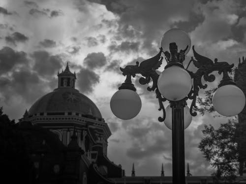 Grayscale Photo of Street Light