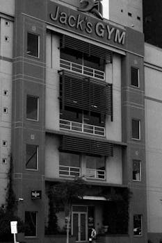 Black and white exterior of Jack's Gym showcasing modern architectural design.