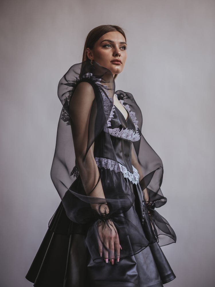 Woman Posing In A Black Flared Dress With Tulle Elements