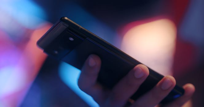 A close-up view of a smartphone held in hand with vibrant blurred background lights.