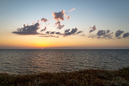 Free Serene ocean sunset with clouds and grassy foreground, capturing nature's beauty. Stock Photo
