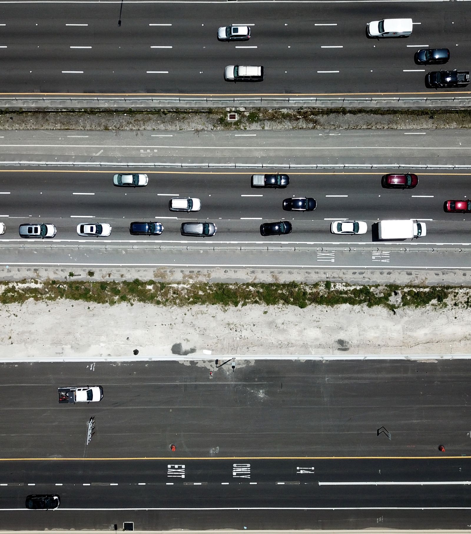 Aerial view of busy highway traffic during peak travel season