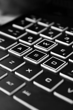Monochrome close-up of a QWERTY keyboard highlighting the WASD keys.