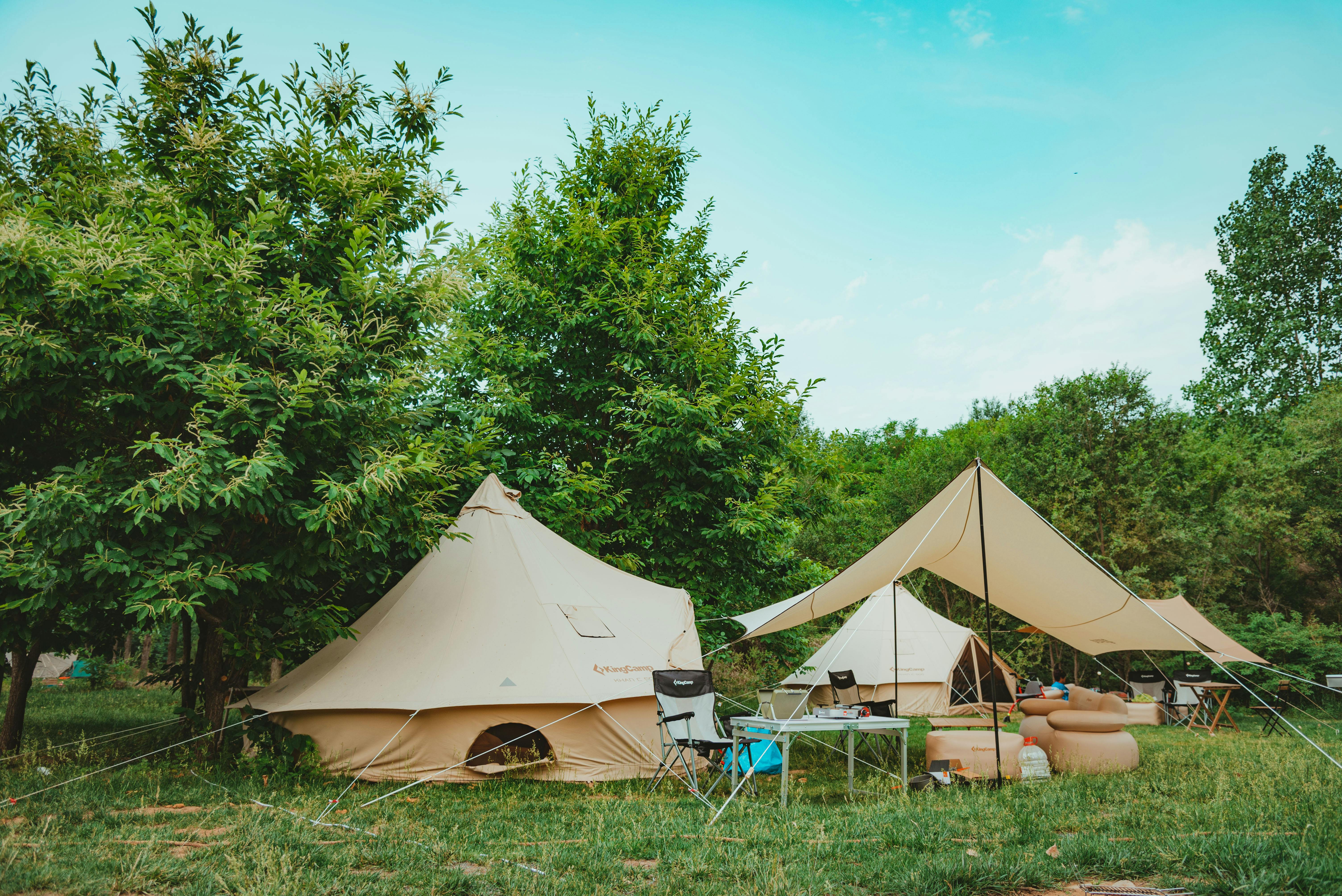 Scenic campsite with modern tents and lush greenery, perfect for a relaxing summer getaway.