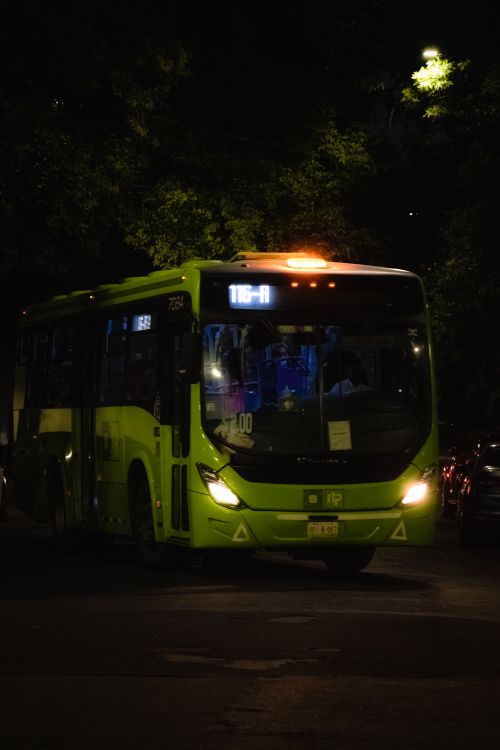 Free A bright green city bus navigating a street at night under urban lighting. Stock Photo