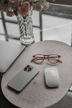 A stylish workspace setup with smartphone, eyeglasses, and modern mouse on a woven mat.