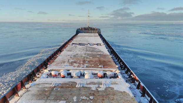 A large cargo ship breaking through icy waters in the Arctic, showcasing logistics in harsh winter conditions.