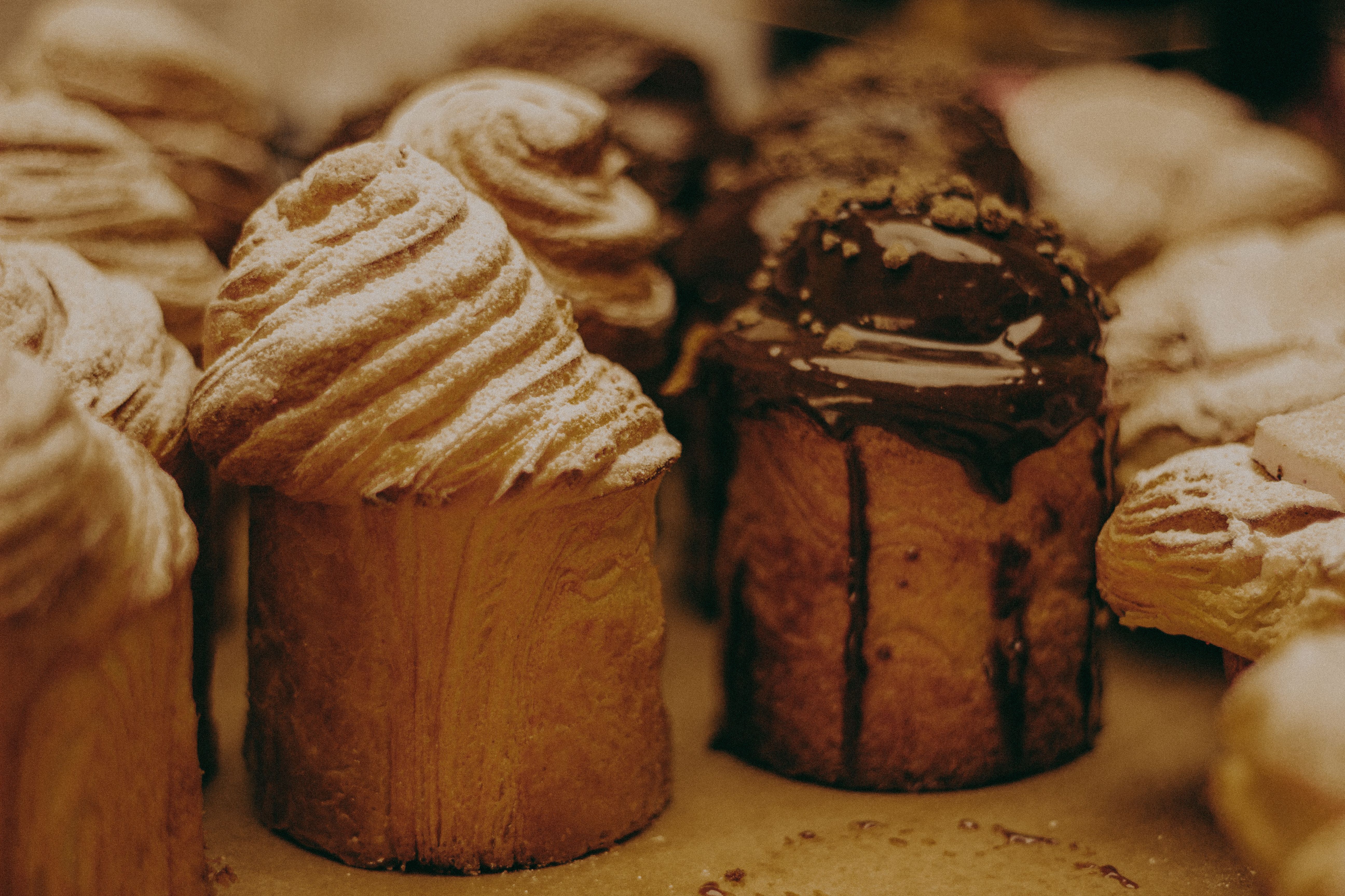 Selection of golden pastries and baked goods