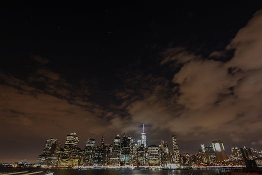 Stunning night view of New York City's skyline featuring iconic skyscrapers and city lights.